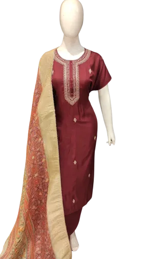 Maroon Silk Semi Stitched Suit with Zari Work and Dupatta