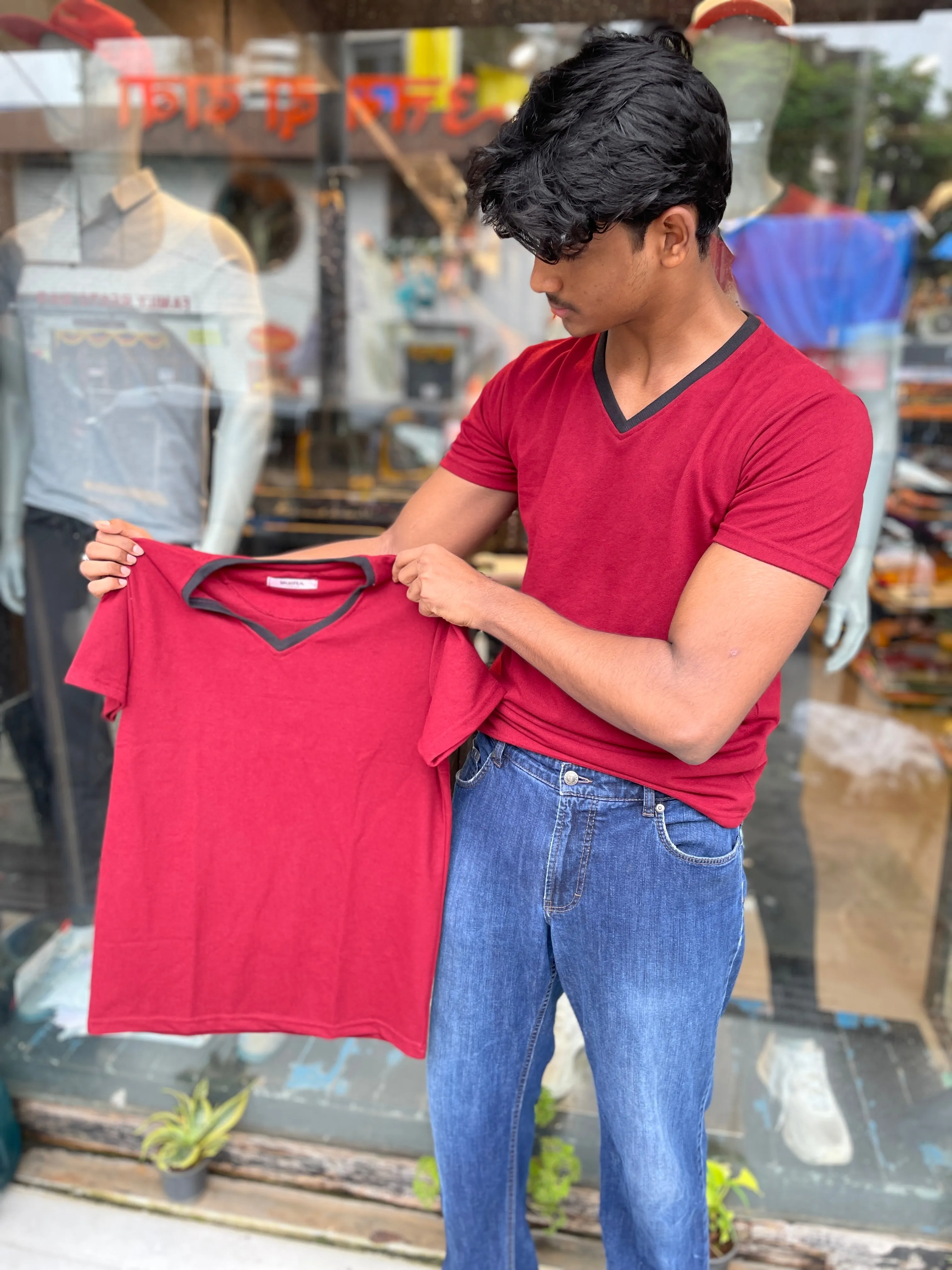 Maroon V Neck Combination Tshirt