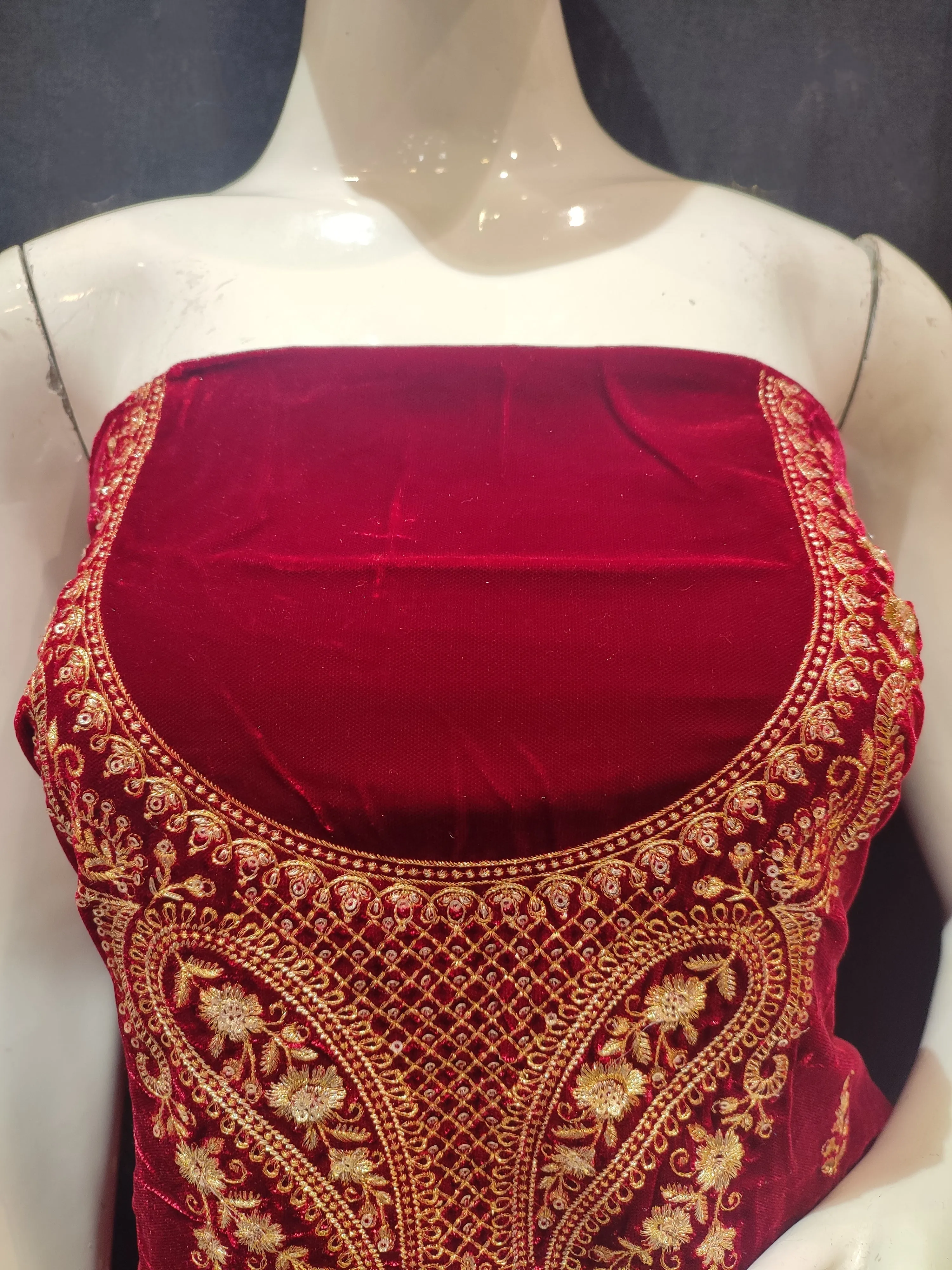 Maroon Velvet Unstitched Suit With Golden Embroidery