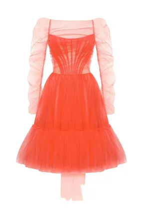 Passion Strapless Tulle mini dress in red coral color