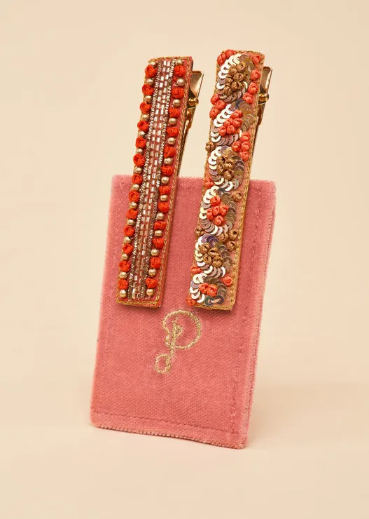 Powder - Narrow Jewelled Hair Bars - Coral Ovals & Beads