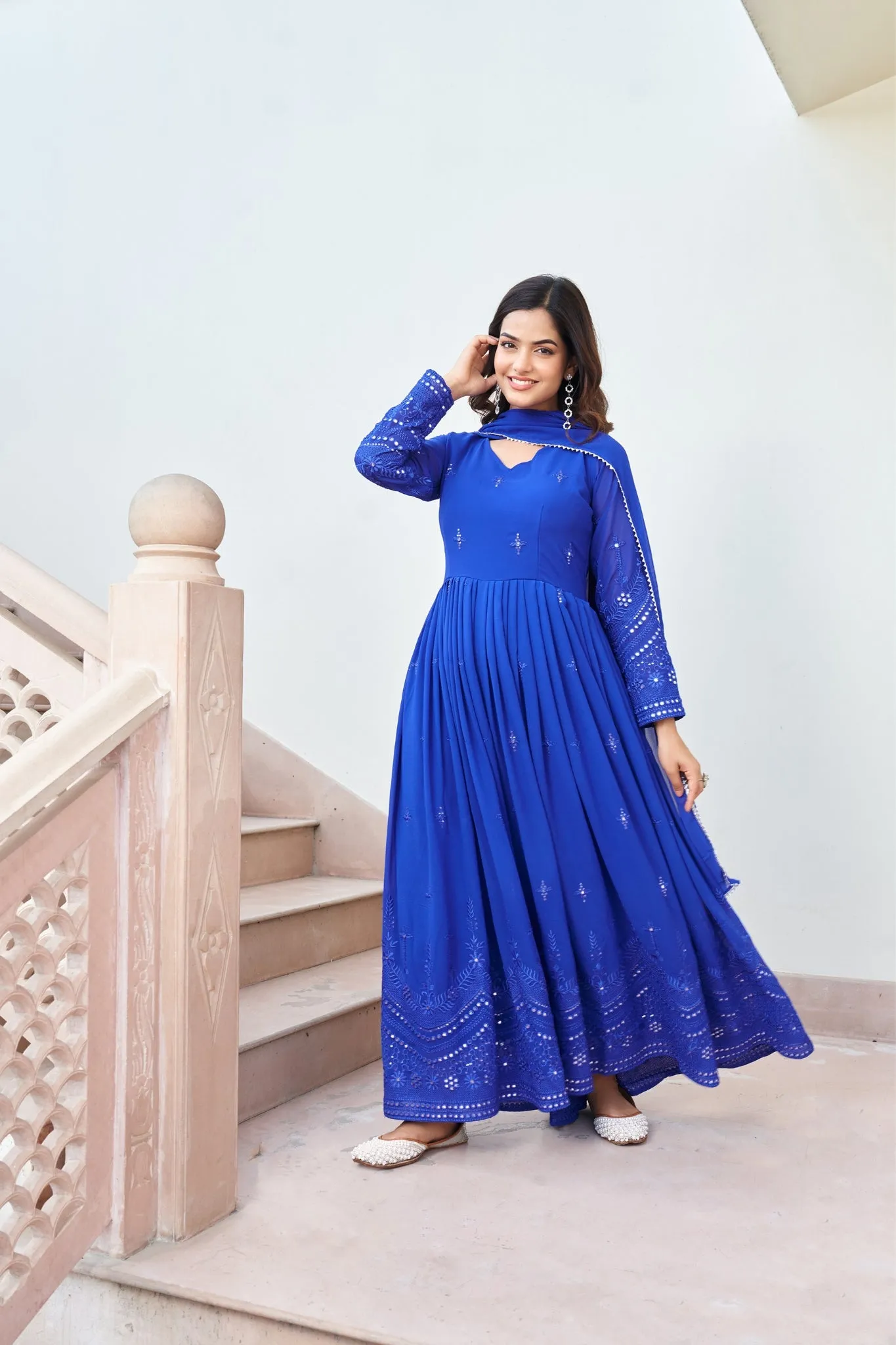 Royal Blue Embroidered Work Gown With Dupatta Set