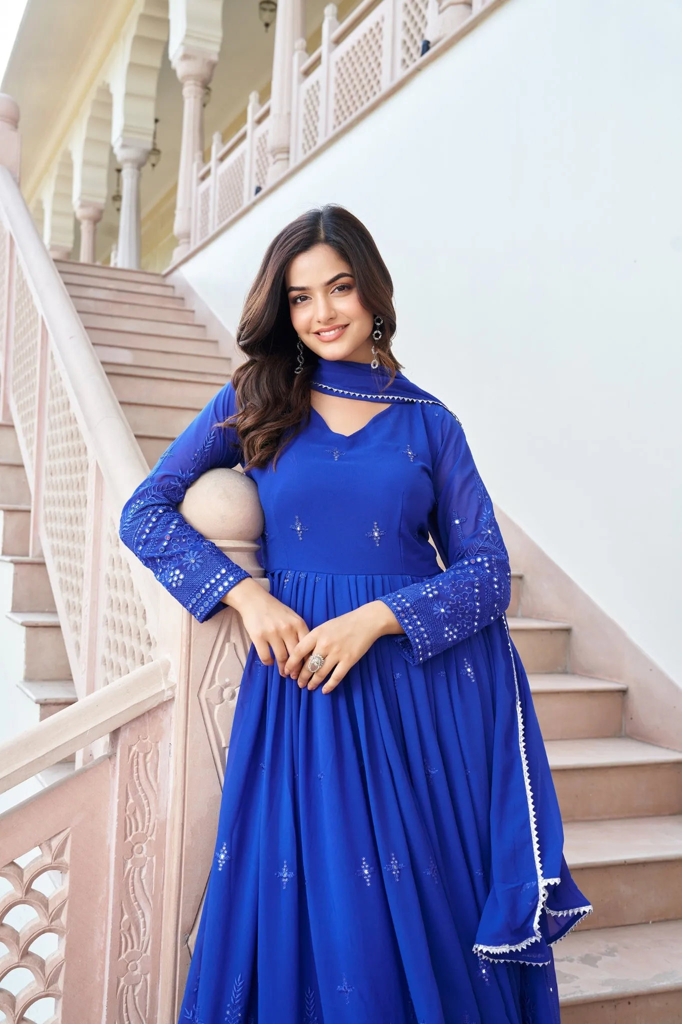 Royal Blue Embroidered Work Gown With Dupatta Set