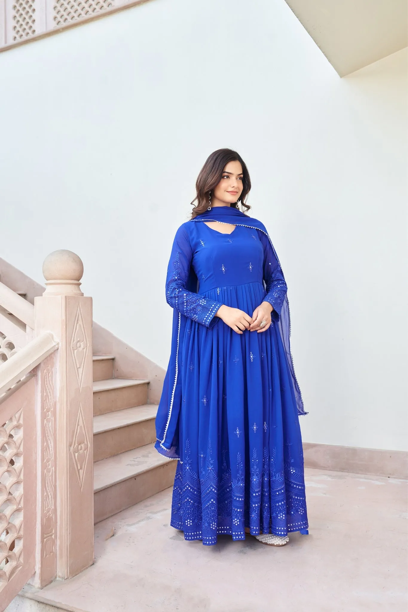 Royal Blue Embroidered Work Gown With Dupatta Set