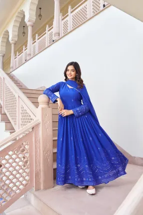 Royal Blue Embroidered Work Gown With Dupatta Set