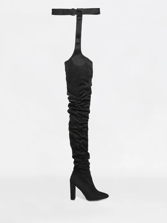 Suede Belt Thigh High Block Heels Boots