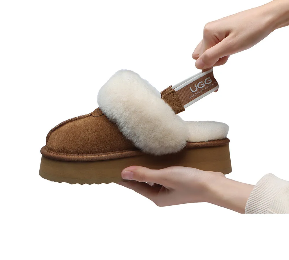 UGG Slipper Women Sheepskin Wool Removable Strap Slingback Waffle Platform Sandals