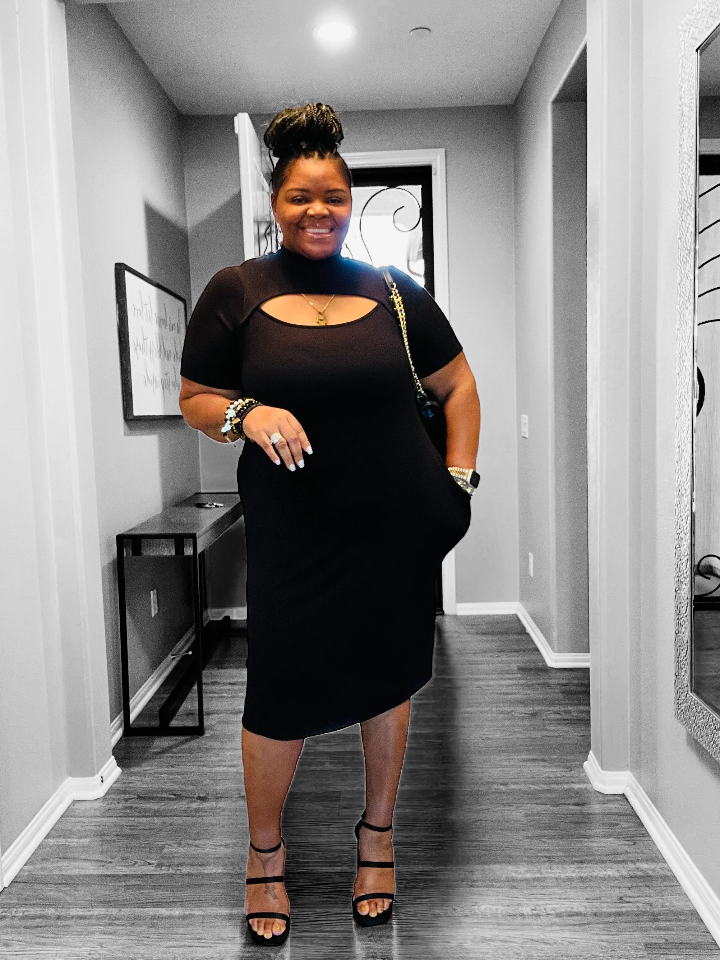 Women's Plus Size All Black Front Cut Out Midi Dress