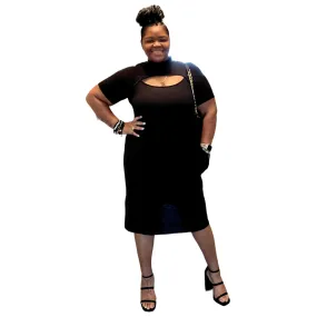 Women's Plus Size All Black Front Cut Out Midi Dress