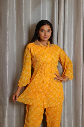 Yellow Chinnon Printed and Hand-Embroidered Collared Top with Chinnon Pants.