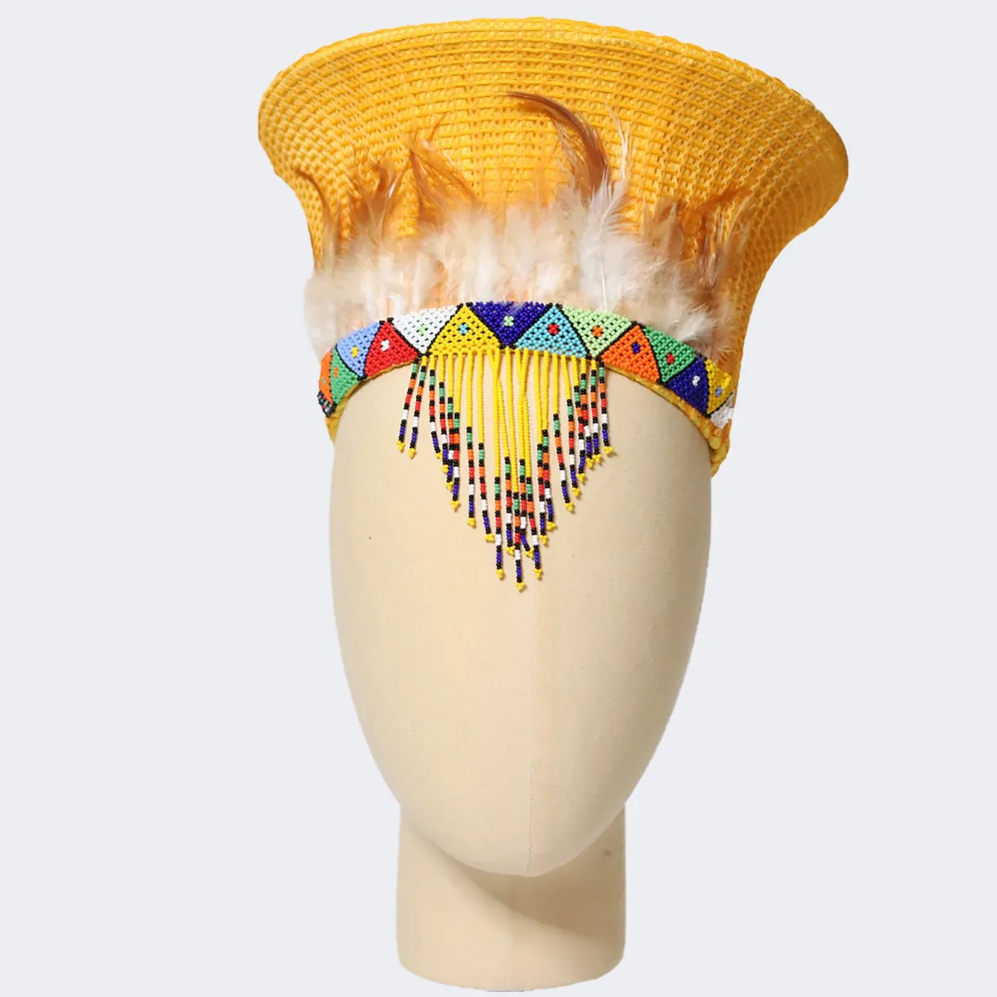 Zulu Basket Hat with Beading & Feathers- Yellow